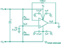 Figure 7. Using an op-amp to provide a 'phantom ground' for battery-powered direct-coupled applications